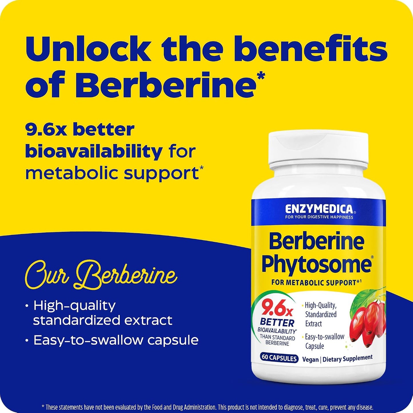 Enzymedica Berberine Phytosome High Bioavailability Formula, 60 Caps | Enhanced Absorption for Superior Berberine Delivery