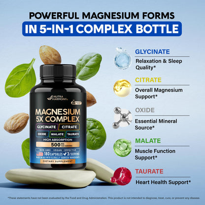 Magnesium Supplement - 5 in 1 Complex | Glycinate | Citrate | Malate | Taurate | Oxide - for Women & Men - Stress, Muscle & Heart Support - Vegan, Natural, Non-GMO - 180 Capsules, 2 Month Supply