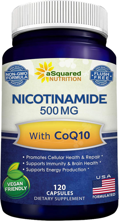 Nicotinamide with CoQ10 (120 Capsules) - Vitamin B3 500mg (Niacinamide Flush Free) - Coenzyme Q10 Powder - VIT B-3 & Coq 10 Supplement Pills to Support Energy, NAD, & Skin Cell Health
