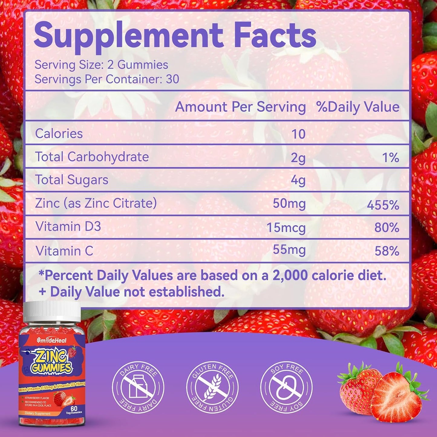 Zinc Gummies, Zinc 50mg, Zinc Citrate, with Vitamin C, Vitamin D3, 60 Count | Zinc Gummies, Zinc 50mg, Zinc Citrate, with Vitamin C, Vitamin D3, Strawberry Flavor Gummies, 60 Count