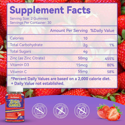 Zinc Gummies, Zinc 50mg, Zinc Citrate, with Vitamin C, Vitamin D3, 60 Count | Zinc Gummies, Zinc 50mg, Zinc Citrate, with Vitamin C, Vitamin D3, Strawberry Flavor Gummies, 60 Count
