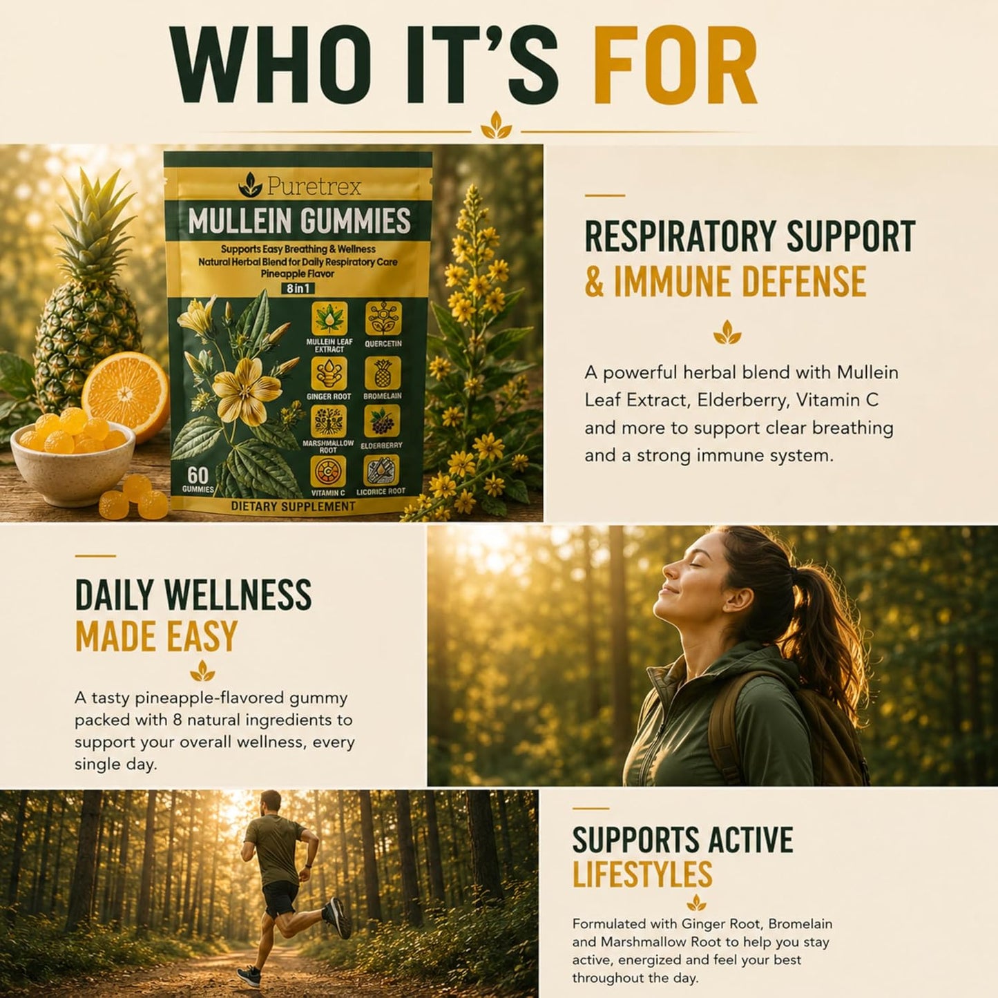 Mullein Gummies 60 Count, 8 in 1 Herbal Blend for Respiratory Support, Lung & Immune Care, Mullein Leaf Extract, Elderberry, Vitamin C, Ginger Root, Quercetin, Bromelain, Pineapple Flavor