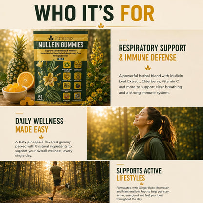 Mullein Gummies 60 Count, 8 in 1 Herbal Blend for Respiratory Support, Lung & Immune Care, Mullein Leaf Extract, Elderberry, Vitamin C, Ginger Root, Quercetin, Bromelain, Pineapple Flavor