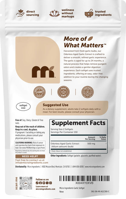 Micro Ingredients Odorless Garlic, 300 Softgels | 2 Years Aged Garlic Extract | Grown Allium Sativum Bulb | Natural Herbal Supplements | Non-GMO, Gluten Free