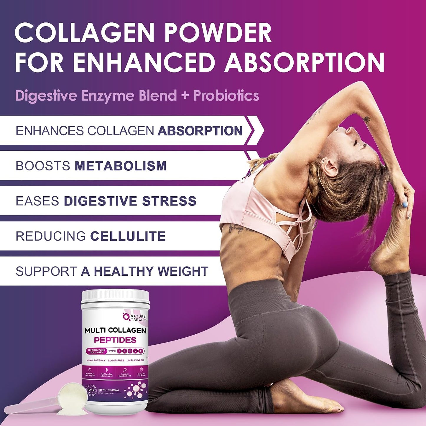 NATURE TARGET Multi Collagen Peptides Powder, 50 Servings | Type I, II, III, V, X, Hydrolyzed Collagen Peptides with Vitamin C, Hyaluronic Acid, Supports Skin Hair Nail & Joint, Non-GMO