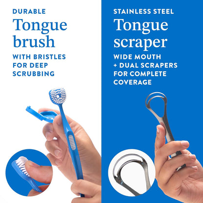 Mouthology Soft Bristle Tongue Brush and Tongue Scraper for Adults (2 Pack) and 10% Nano Hydroxyapatite Toothpaste (Fluoride Free)