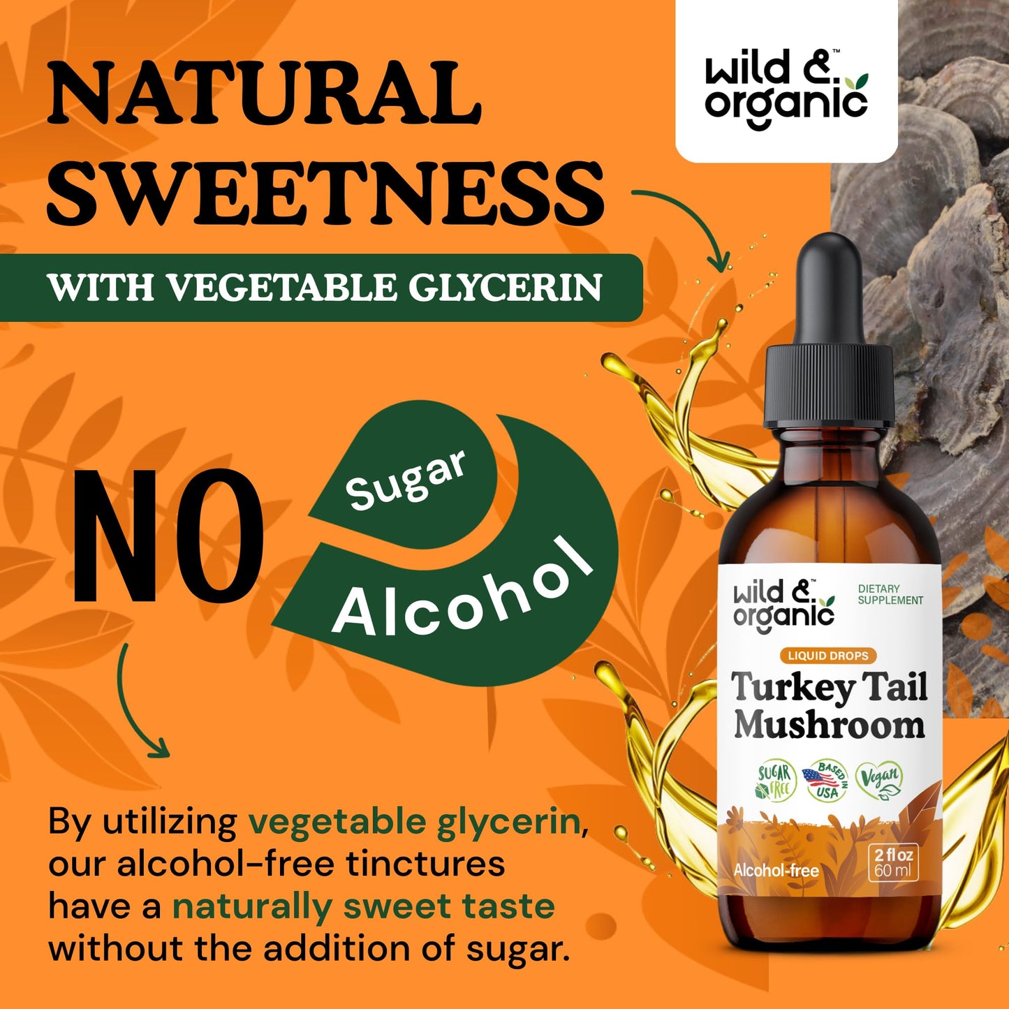 Wild & Organic Turkey Tail Mushroom Tincture - Immune Support Drops with Turkey Tail Extract - Liquid Mushroom Supplement for Gut Support - Vegan, Sugar & Alcohol-Free - 4 fl oz