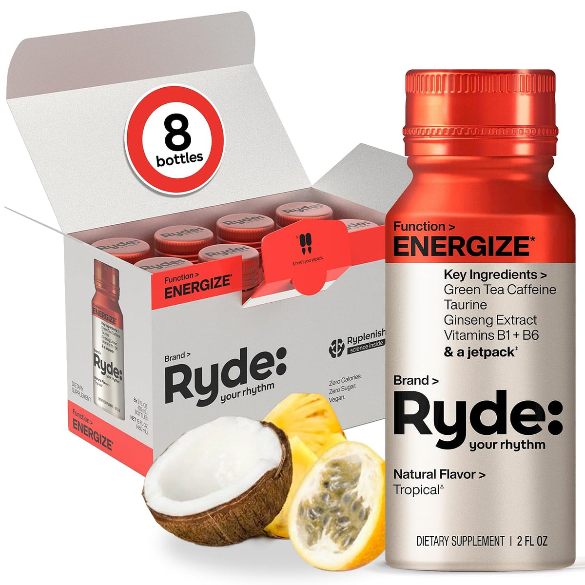 RYDE Energize Energy Shot, Tropical Flavor, Zero Sugar, 2 fl oz, 8 Pack