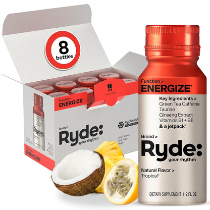 RYDE Energize Energy Shot, Tropical Flavor, Zero Sugar, 2 fl oz, 8 Pack