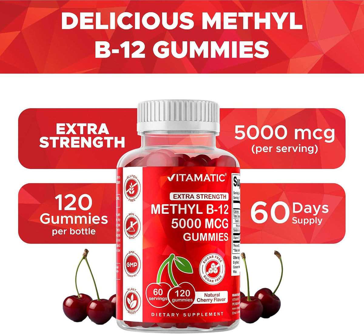 Vitamatic Methyl B12 5000 mcg, 120 Gummies, Natural Cherry Flavor | Extra Strength, Energy Metabolism Support and Nervous System Health Support*, Non-GMO, Gluten Free