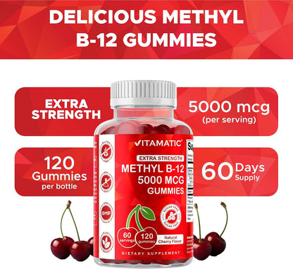 Vitamatic Methyl B12 5000 mcg, 120 Gummies, Natural Cherry Flavor | Extra Strength, Energy Metabolism Support and Nervous System Health Support*, Non-GMO, Gluten Free