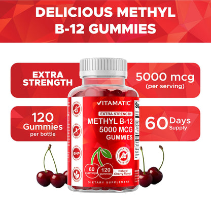Vitamatic Methyl B12 5000 mcg, 120 Gummies, Natural Cherry Flavor | Extra Strength, Energy Metabolism Support and Nervous System Health Support*, Non-GMO, Gluten Free