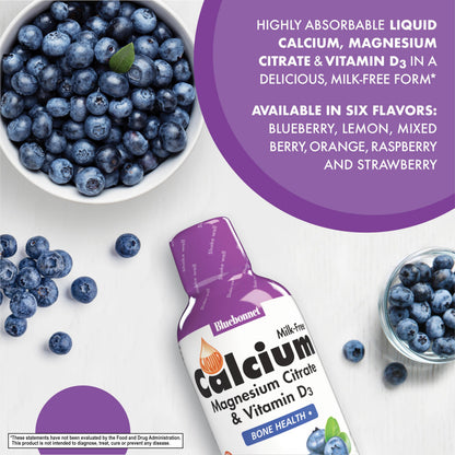 Bluebonnet Nutrition Liquid Calcium Citrate, Magnesium, Vitamin D3, Bone Health, Gluten Free, Soy Free, Milk Free, Kosher, 16 fl oz, 32 Servings, Mixed Berry Flavor