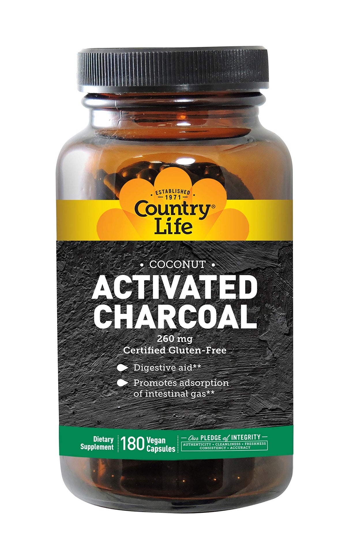 Country Life Natural Activated Charcoal - 260 mg 180 Capsules, Packaging May vary