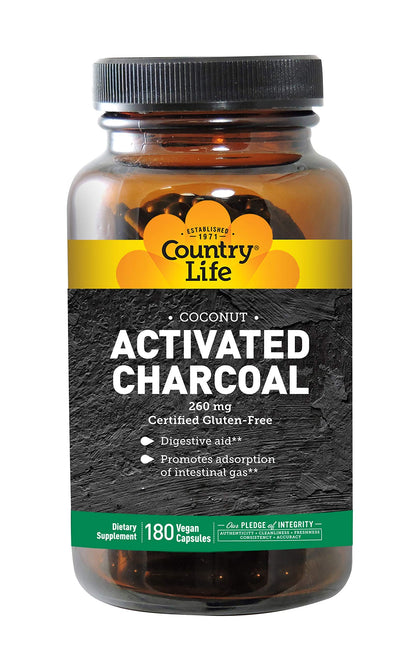 Country Life Natural Activated Charcoal - 260 mg 180 Capsules, Packaging May vary