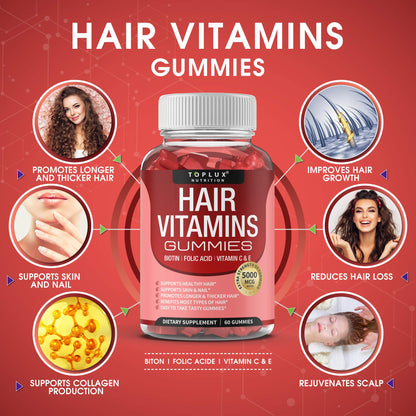 Hair Vitamins Gummies Supplement – Faster Hair Growth Gummy 5000mcg Biotin, Folic Acid