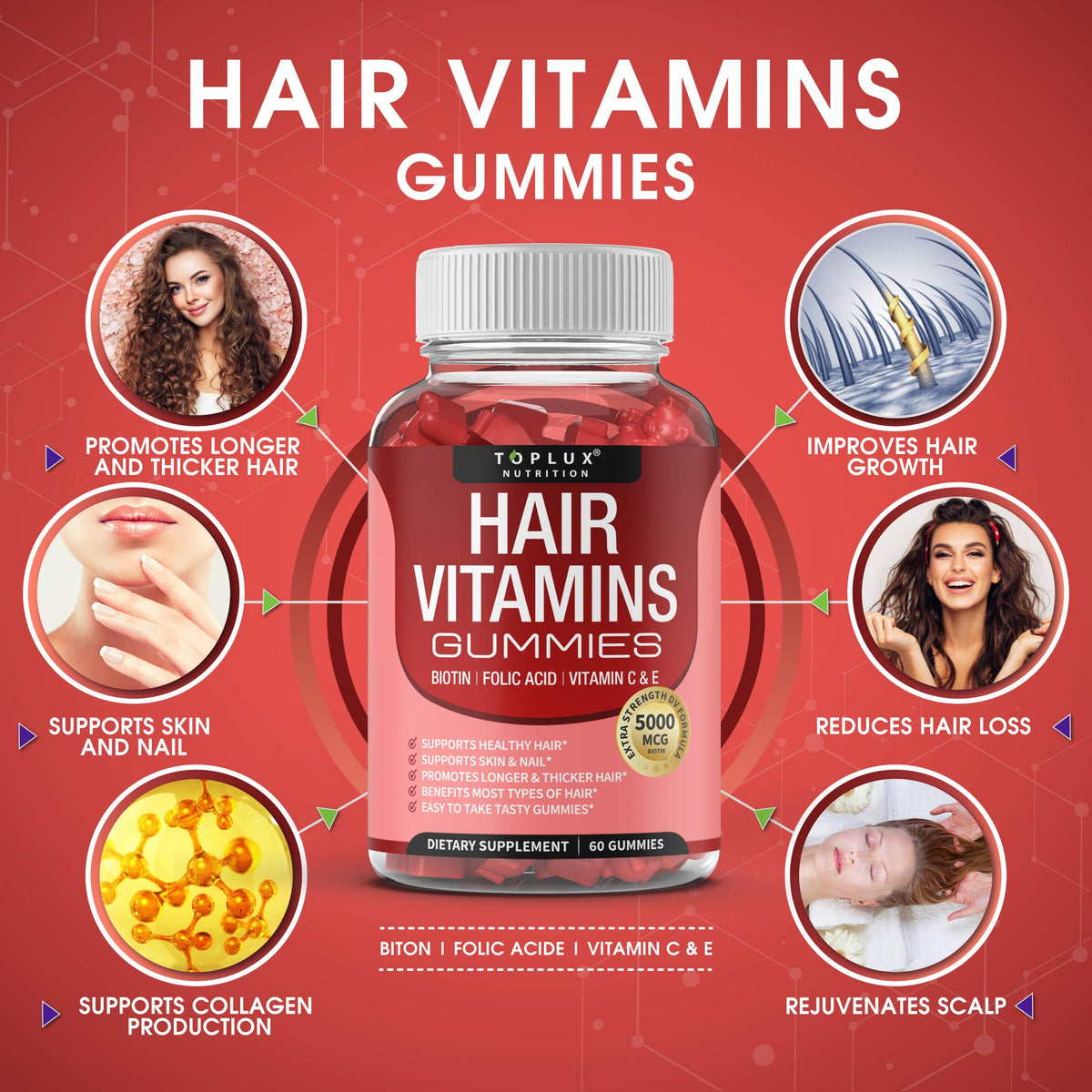 Hair Vitamins Gummies Supplement – Faster Hair Growth Gummy 5000mcg Biotin, Folic Acid