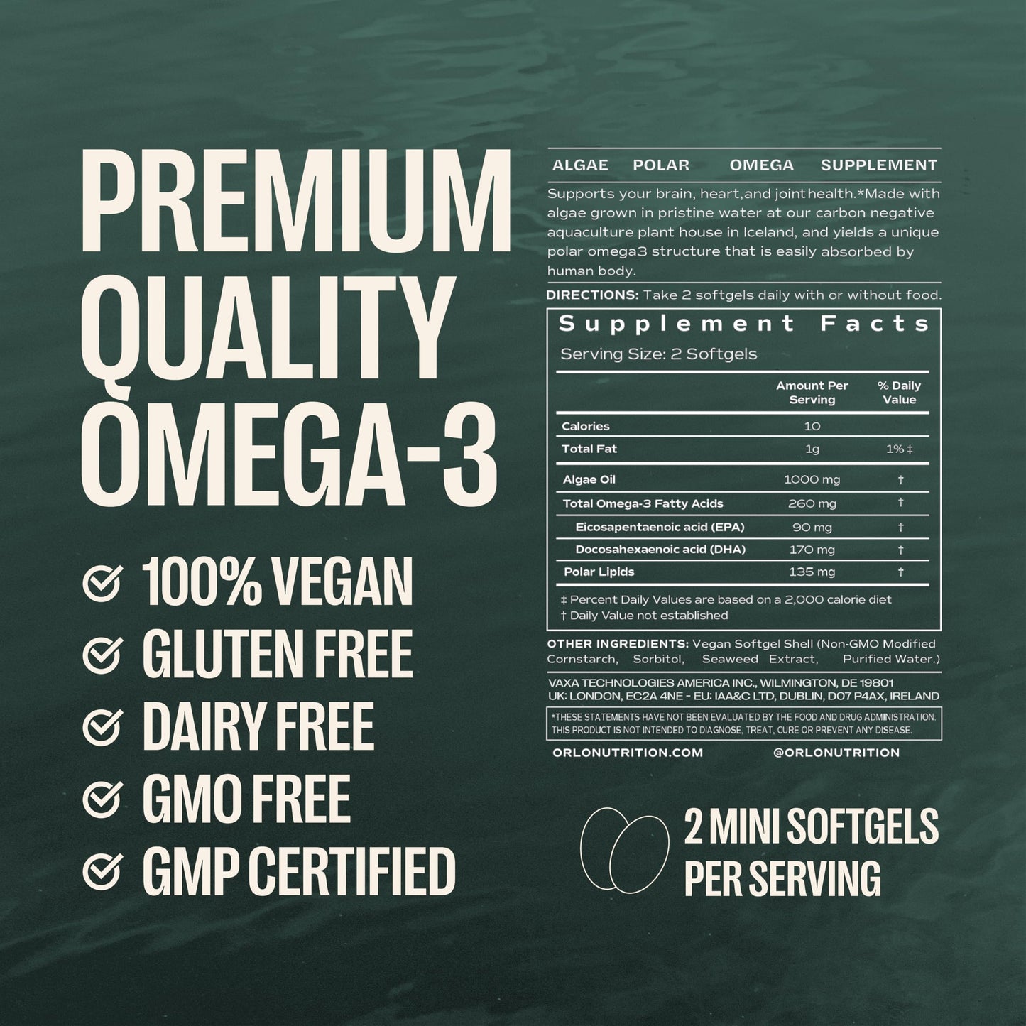 Orlo Vegan Omega 3 Algae Oil 1000mg - Natural Icelandic Nordic Omega-3 EPA & DHA Supplement - Fish Oil & Krill Alternative for Heart & Brain – 60 Easy-to-Swallow Burpless Mini Softgels