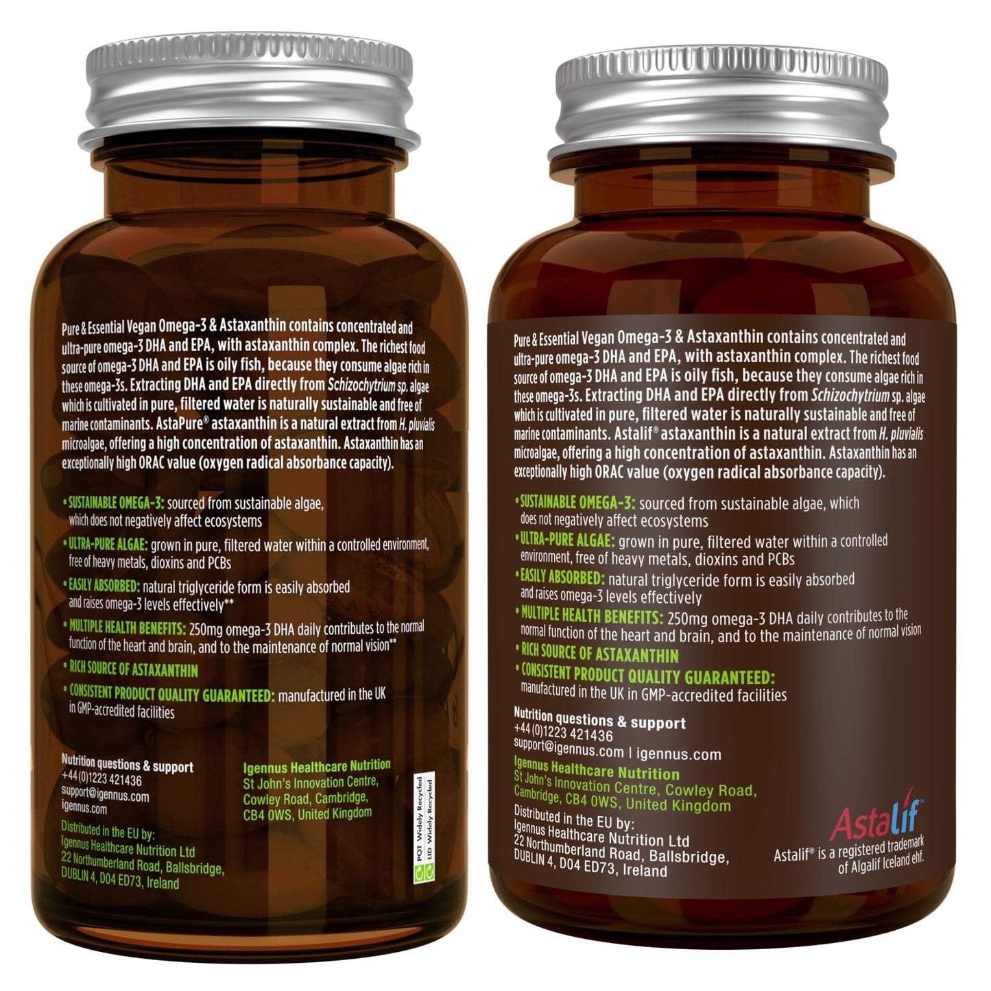 Igennus Vegan Omega-3 Algae Oil, IAOS Certified Pure, 400mg DHA & 200mg EPA per Serving, Triglyceride Form, Supports Brain & Heart Health, with Astaxanthin, 60 Small Softgels (30 Servings)