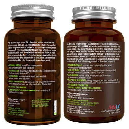 Igennus Vegan Omega-3 Algae Oil, IAOS Certified Pure, 400mg DHA & 200mg EPA per Serving, Triglyceride Form, Supports Brain & Heart Health, with Astaxanthin, 60 Small Softgels (30 Servings)