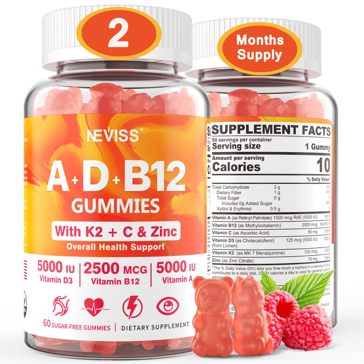 Sugar-Free Methylated Multivitamin Gummies for Women & Men - 2 Months Supply -ADK+B12