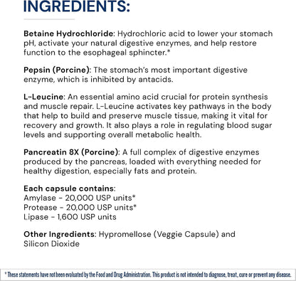 BodyHealth Digestive Enzymes Full Spectrum Digestive Support (180 caps), Betaine, Pepsin, Pancreatin BPP Loaded with Enzymes and Probiotics, Relief for Stomach Bloating, Heartburn, Gas, Constipation
