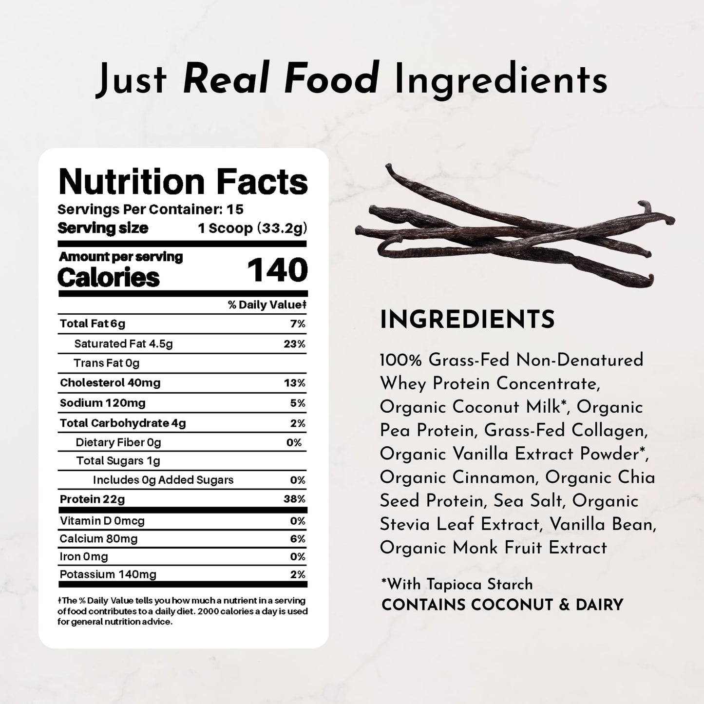JUST INGREDIENTS Vanilla Bean Protein Powder – 20-Serving Blend with 100% Grass-Fed Whey & Organic Plant Proteins – Real Vanilla Bean & Cinnamon – Supports Muscle Recovery, Energy*