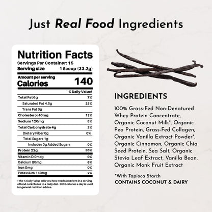 JUST INGREDIENTS Vanilla Bean Protein Powder – 20-Serving Blend with 100% Grass-Fed Whey & Organic Plant Proteins – Real Vanilla Bean & Cinnamon – Supports Muscle Recovery, Energy*
