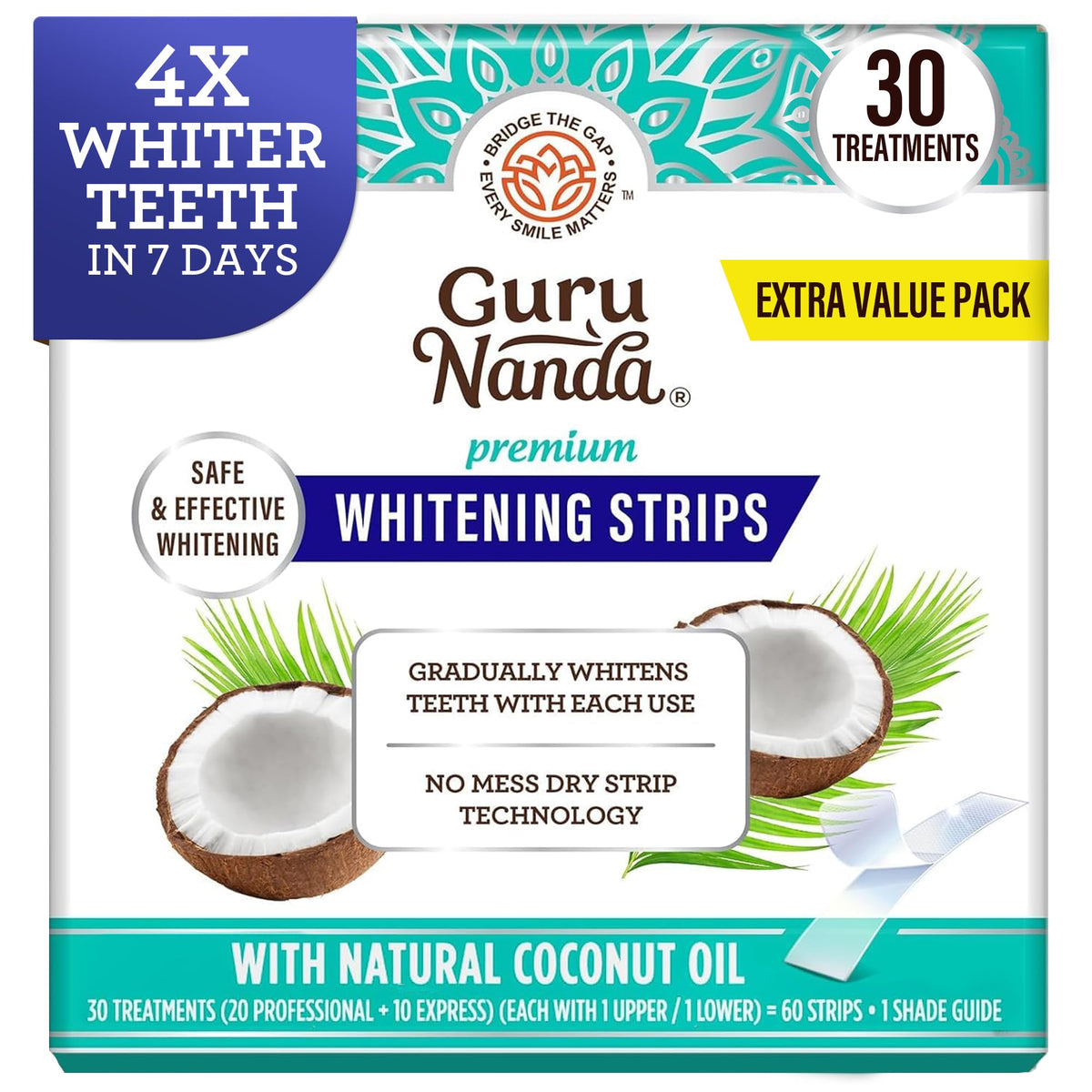 GuruNanda Teeth Whitening Strips - 4X Whiter Teeth, 7-Day Whitening Kit
