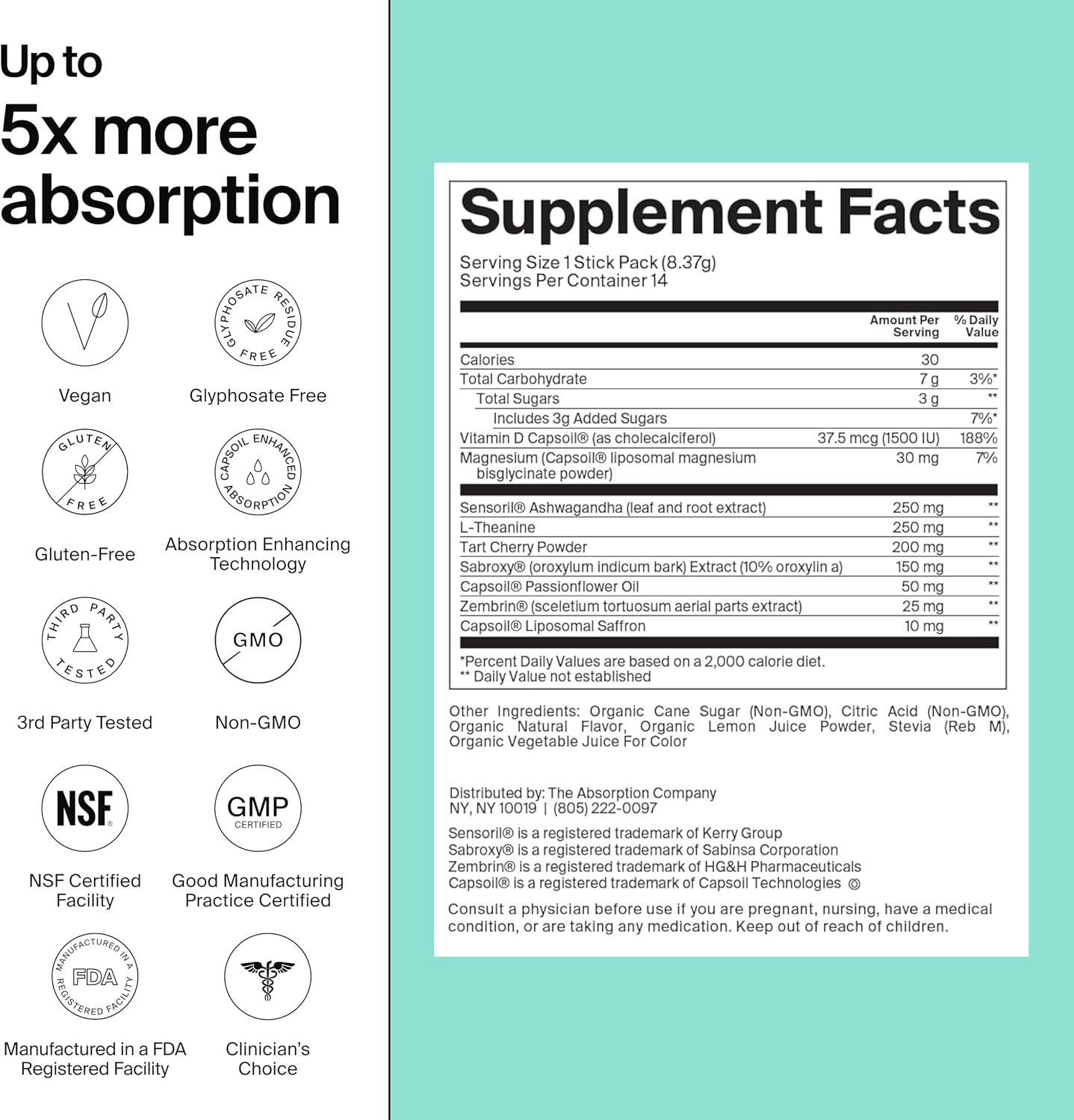 The Absorption Company Calm Powder - Magnesium Drink Mix Packets - 14PK | Vitamin-D,Cortisol Regulation for Men & Women, Mood Support with Ashwagandha & L-Theanine for Relaxation, Watermelon Lemonade