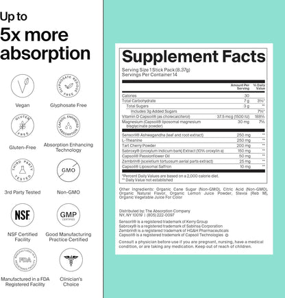 The Absorption Company Calm Powder - Magnesium Drink Mix Packets - 14PK | Vitamin-D,Cortisol Regulation for Men & Women, Mood Support with Ashwagandha & L-Theanine for Relaxation, Watermelon Lemonade