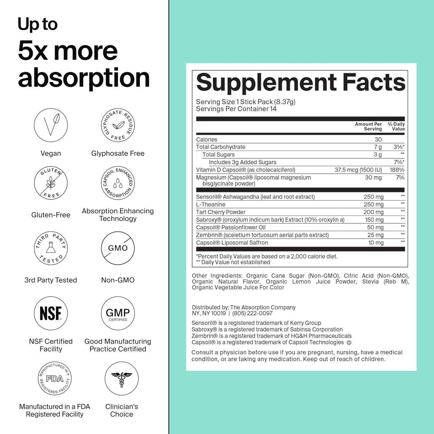 The Absorption Company Calm Powder - Magnesium Drink Mix Packets - 14PK | Vitamin-D,Cortisol Regulation for Men & Women, Mood Support with Ashwagandha & L-Theanine for Relaxation, Watermelon Lemonade