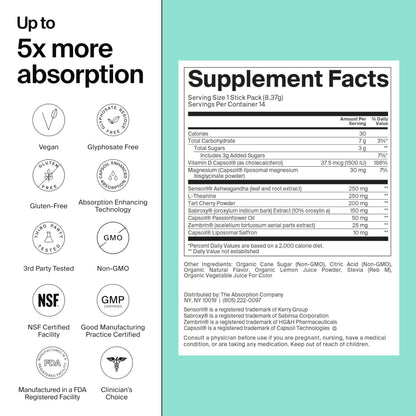 The Absorption Company Calm Powder - Magnesium Drink Mix Packets - 14PK | Vitamin-D,Cortisol Regulation for Men & Women, Mood Support with Ashwagandha & L-Theanine for Relaxation, Watermelon Lemonade