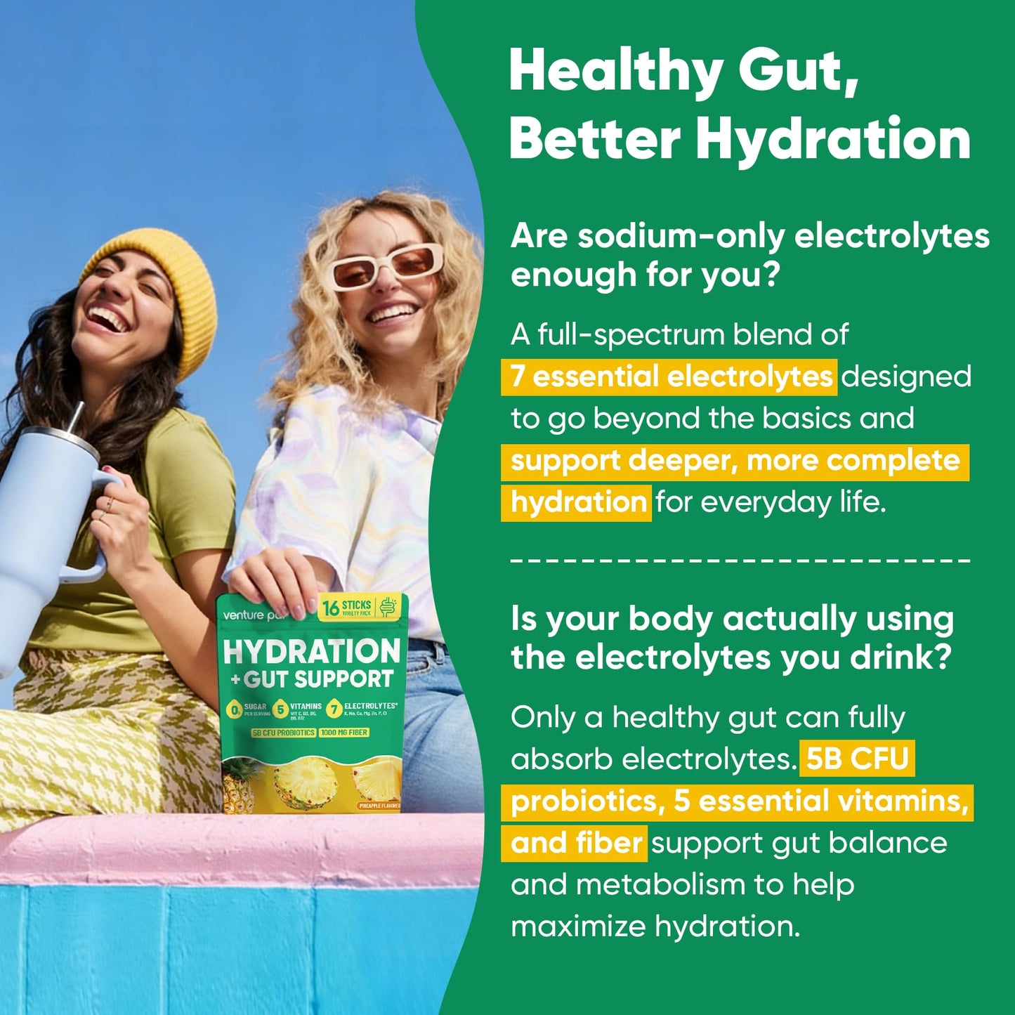 Venture Pal Sugar Free Hydration Packets + Gut Health Electrolytes Powder | Liquid Daily IV with 7 Electrolytes, 5 Vitamins, Probiotics & Fiber for Dehydration Relief and Gut Health Support