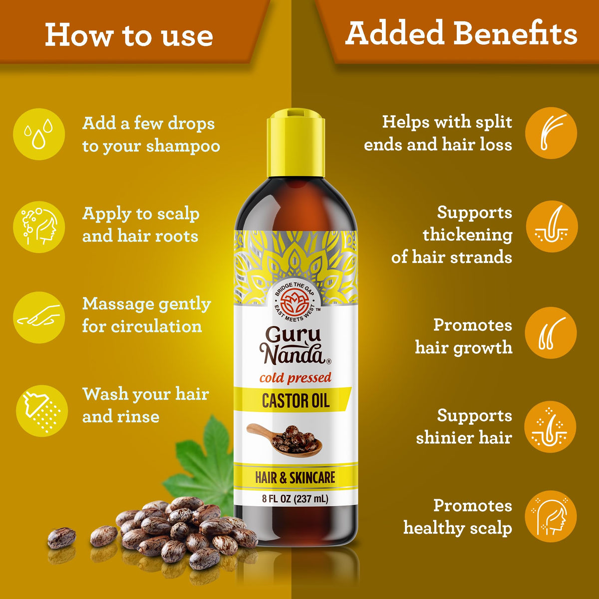 GuruNanda Castor Oil USDA Certified Organic, Pure & Natural, 8 fl oz