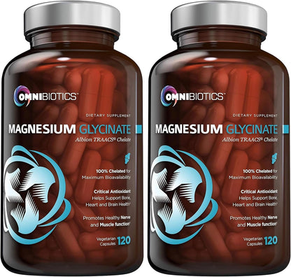 OmniBiotics Magnesium Glycinate Supplement – with 100% Pure Albion TRAACS Bisglycinate Chelate for Sleep, Muscle, Nerve & Heart Health – 120 Vegan Capsules (Pack of 2)