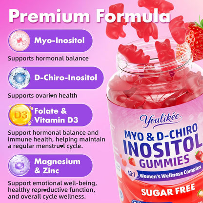 Myo-Inositol & D-Chiro Inositol Gummies for Women, Sugar-Free, 60 Count | Ideal 40:1 Ratio with Vitamin D3, Folate, Magnesium and Zinc - Support Female Health & Wellness, Strawberry Flavor
