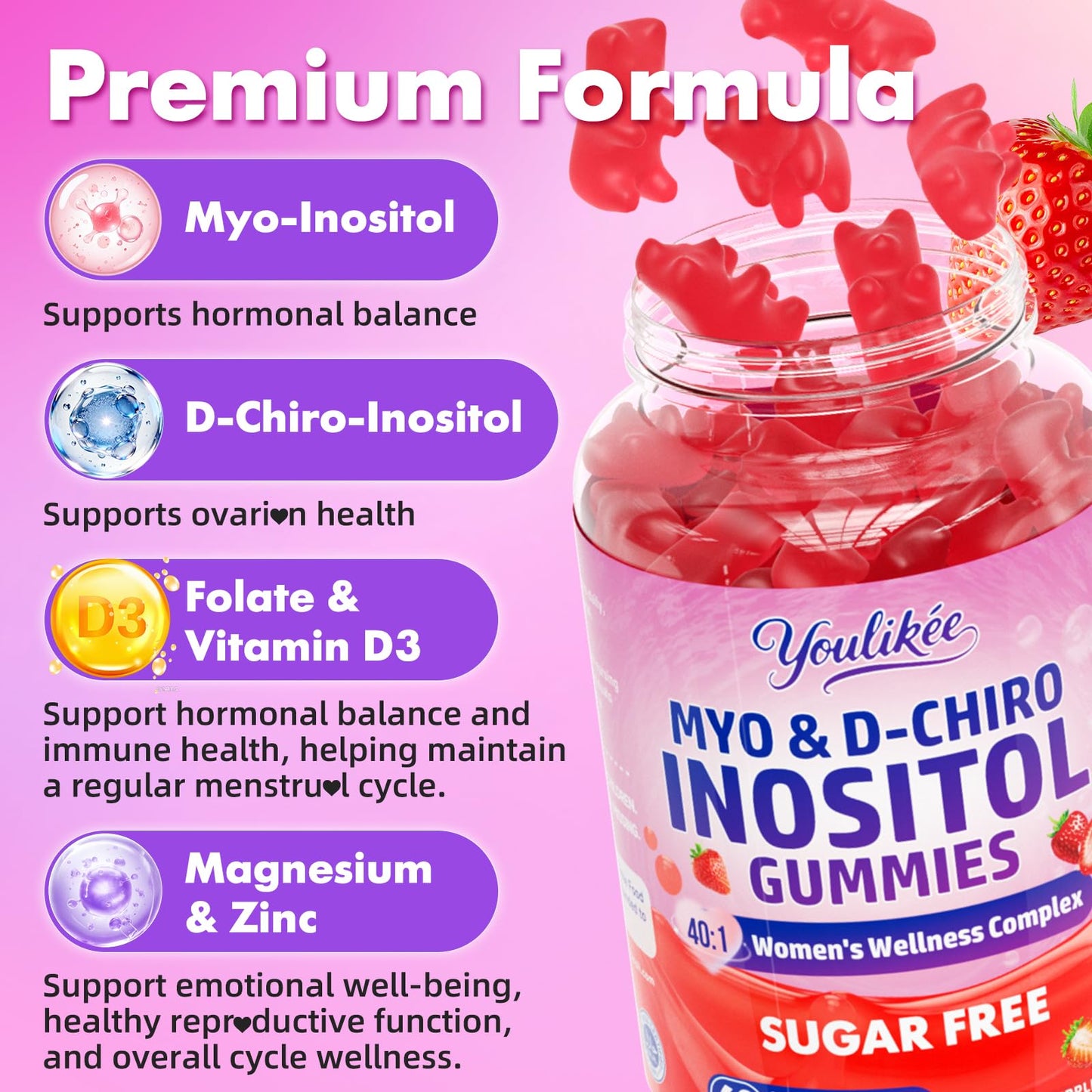 Myo-Inositol & D-Chiro Inositol Gummies for Women, Sugar-Free, 60 Count | Ideal 40:1 Ratio with Vitamin D3, Folate, Magnesium and Zinc - Support Female Health & Wellness, Strawberry Flavor