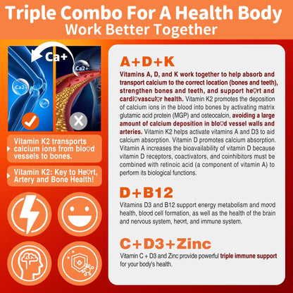 Sugar-Free ADK+Vitamin B12 Gummies - Vitamin D3 K2 10,000IU/ 5000IU, B12 5000mcg 2500mcg, K2 (MK-7) 240mcg, Multivitamin Adults-Vitamin A,Vegan Vitamin D,Methyl B12,C,Zinc-Eye,Bone,Energy,Nerve,Immune
