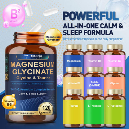 9-in-1 Magnesium Glycinate 1000mg - Support Stress Relief, Sleep, Nerves, Muscles, and Metabolism - Magnesium Vitamin B & Amino Acid Triple Complex | High Absorption Chelated Formula - 120 Capsules