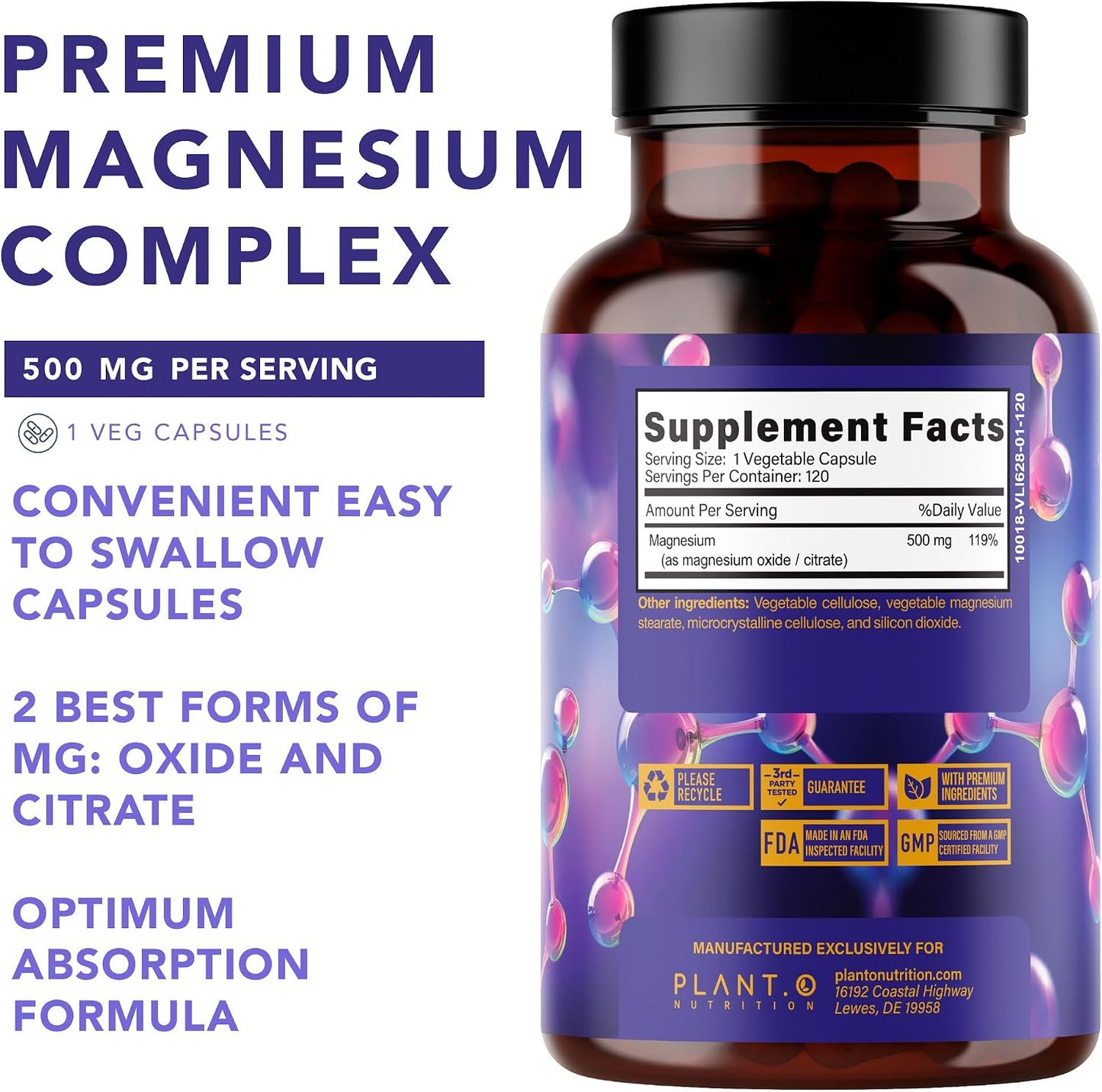 Plant.O Premium Magnesium Supplement [Vegan Oxide & Citrate, 500mg] High Absorption Complex for Sleep, Calm, Muscle Relaxer, Natural Energy, Non-GMO 120 Veggie Capsules