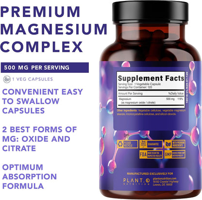 Plant.O Premium Magnesium Supplement [Vegan Oxide & Citrate, 500mg] High Absorption Complex for Sleep, Calm, Muscle Relaxer, Natural Energy, Non-GMO 120 Veggie Capsules