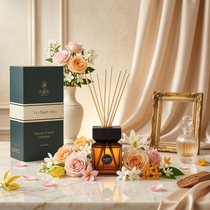 Gulab Jamun by Imjitt - Authentic Thai Botanical Aroma Diffuser with Turkish Rose and White Tea Notes, Featuring Luxury Reed diffusers for Home to Create a Welcoming, Long-Lasting Ambient Scent