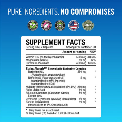 Approved Science Glucoprin - 250 mg Berberine, Mulberry, Cinnamon, BioPerine, Non GMO- Made in the US - 1 Bottle - 60 Vegan Capsules - Pack of 3