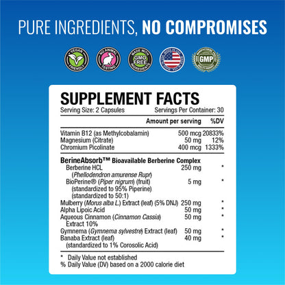 Approved Science Glucoprin - 250 mg Berberine, Mulberry, Cinnamon, BioPerine, Non GMO- Made in the US - 1 Bottle - 60 Vegan Capsules - Pack of 3