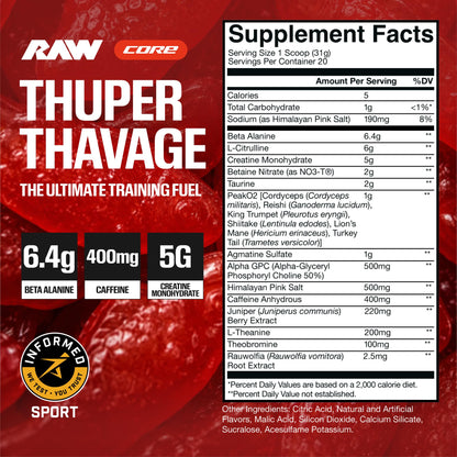 RAW Thuper Thavage Pre Workout Powder - High-Stim Preworkout with Creatine, Beta Alanine, L-Citrulline & Caffeine - Chris Bumstead Gym & Fitness Supplement for Men & Women - Watermelon Grape