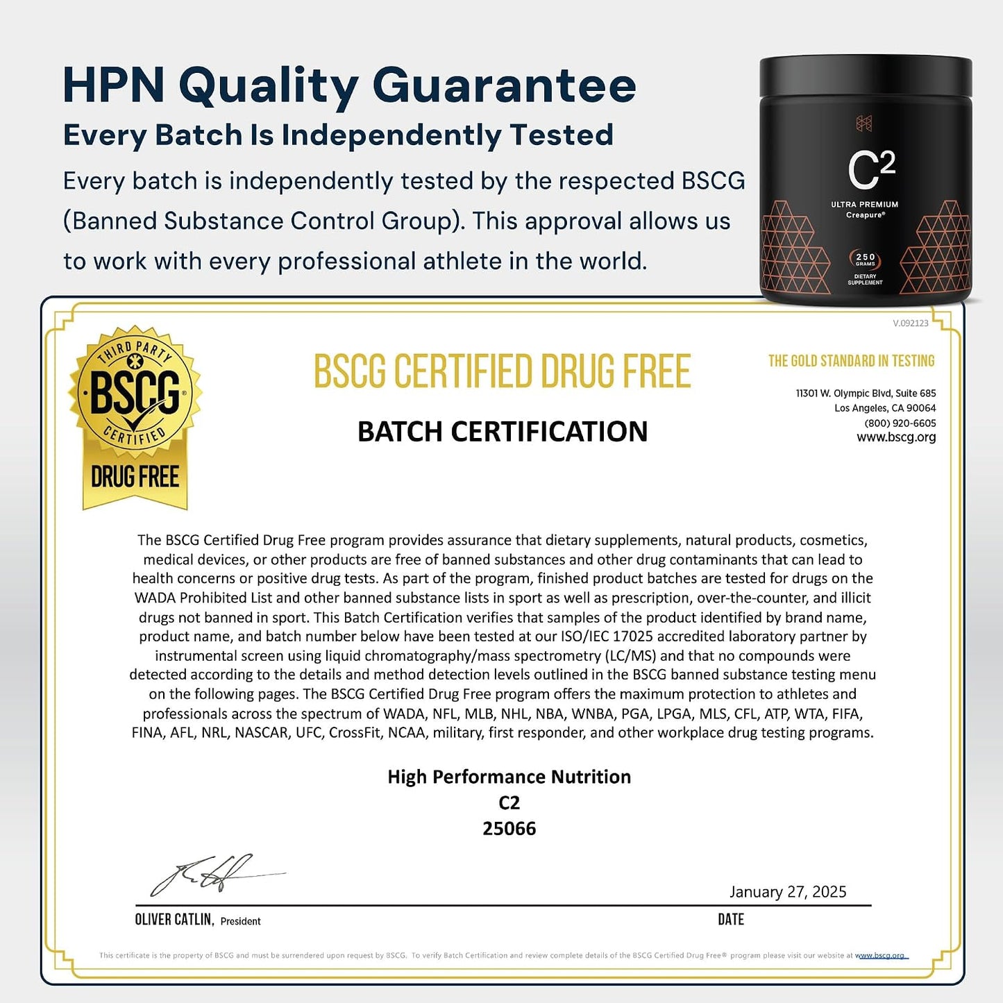 HPN C2 Creatine Monohydrate for Performance, Recovery, Strength, Working Out, Vegan, Non-GMO, Dairy and Soy Free, Independently Tested, Ultrapure Premium Creapure (100 Servings)