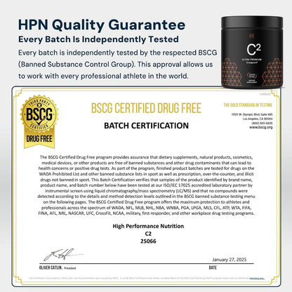 HPN C2 Creatine Monohydrate for Performance, Recovery, Strength, Working Out, Vegan, Non-GMO, Dairy and Soy Free, Independently Tested, Ultrapure Premium Creapure (100 Servings)