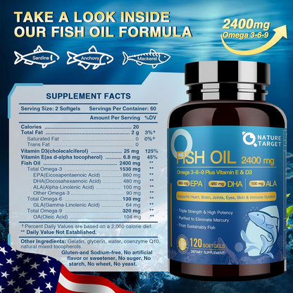 NATURE TARGET Triple Omega 3 6 9 Fish Oil 2400mg, 120Softgels | Vitamin D3 & E, EPA & DHA & ALA, Supports Heart, Brain, Joint & Immune Health, Sustainably Sourced, Non-GMO