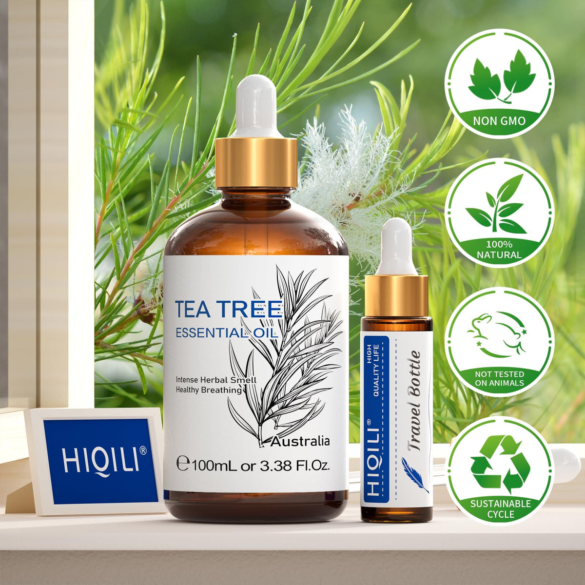HIQILI Tea Tree Essential Oil (100 ML), 100% Pure for Toenail Fungus, Hair Damage